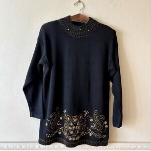 Vintage 80s Ramie Cotton Beaded Tunic Sweater Black Women's L MacMally's